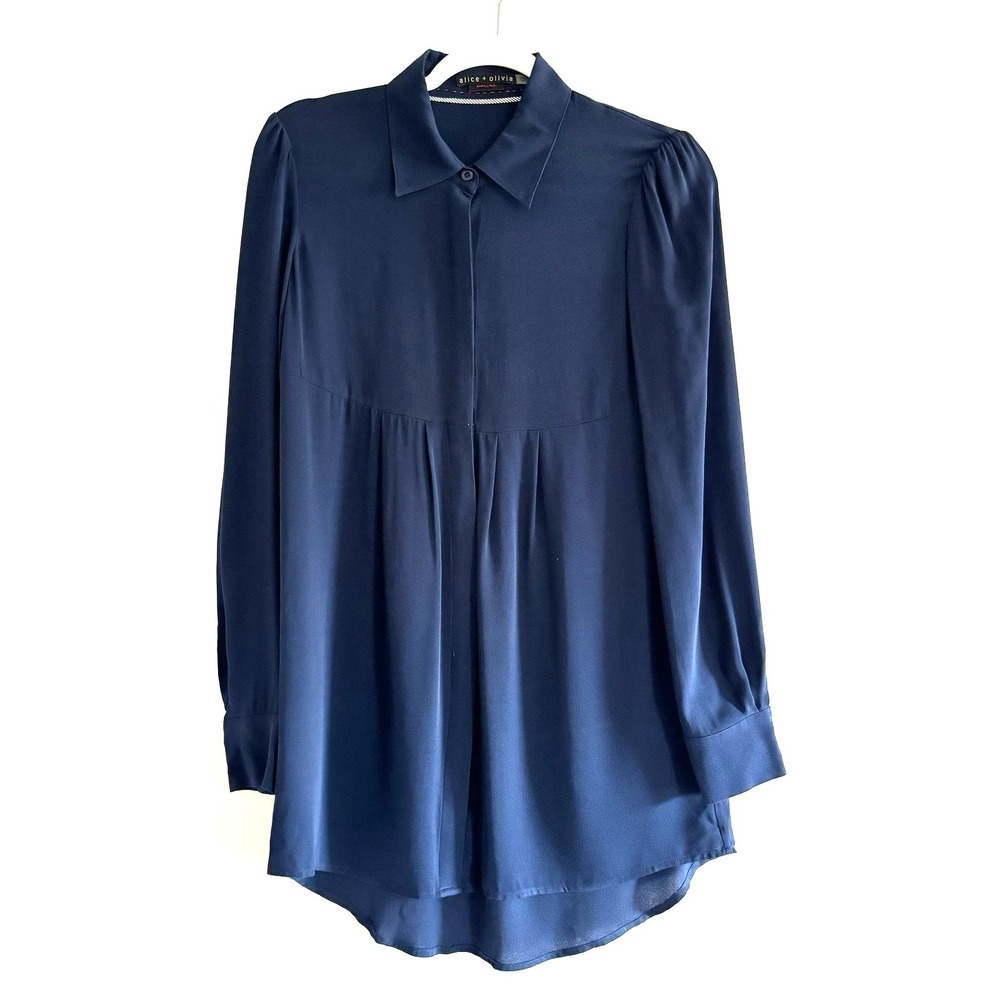 Alice & Olivia Navy Blue Silk‎ Long Sleeve Button Down Shirt Small Semi Sheer
